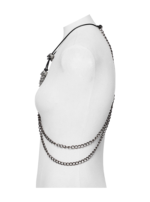 Tin Alloy Draped Chest Skull Spine Beads Decorated Punk Style Retro Adjustable Necklace