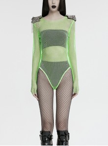 Green Sexy Diamond Perspective Mesh Shoulders With Rhinestone Spike Rivets Decorated Punk Style Bodysuit