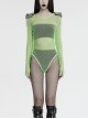 Green Sexy Diamond Perspective Mesh Shoulders With Rhinestone Spike Rivets Decorated Punk Style Bodysuit