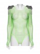 Green Sexy Diamond Perspective Mesh Shoulders With Rhinestone Spike Rivets Decorated Punk Style Bodysuit