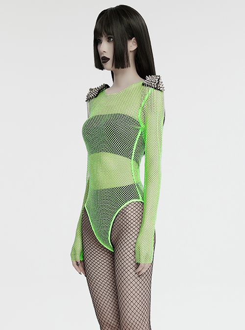 Green Sexy Diamond Perspective Mesh Shoulders With Rhinestone Spike Rivets Decorated Punk Style Bodysuit