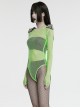 Green Sexy Diamond Perspective Mesh Shoulders With Rhinestone Spike Rivets Decorated Punk Style Bodysuit