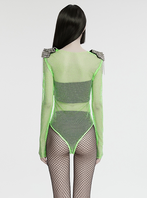 Green Sexy Diamond Perspective Mesh Shoulders With Rhinestone Spike Rivets Decorated Punk Style Bodysuit