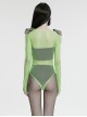 Green Sexy Diamond Perspective Mesh Shoulders With Rhinestone Spike Rivets Decorated Punk Style Bodysuit