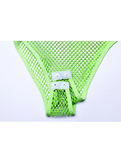 Green Sexy Diamond Perspective Mesh Shoulders With Rhinestone Spike Rivets Decorated Punk Style Bodysuit