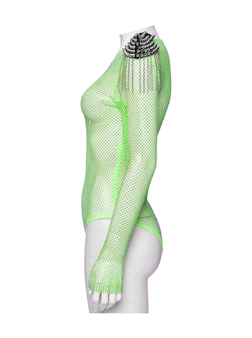Green Sexy Diamond Perspective Mesh Shoulders With Rhinestone Spike Rivets Decorated Punk Style Bodysuit