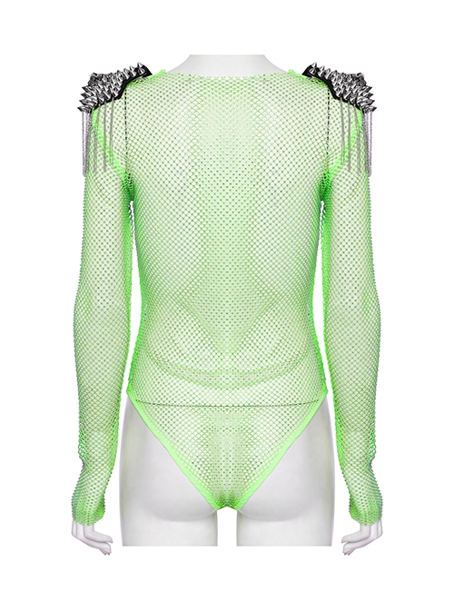 Green Sexy Diamond Perspective Mesh Shoulders With Rhinestone Spike Rivets Decorated Punk Style Bodysuit