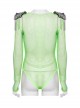 Green Sexy Diamond Perspective Mesh Shoulders With Rhinestone Spike Rivets Decorated Punk Style Bodysuit