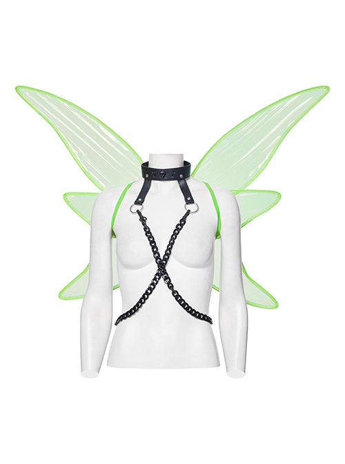 Personalized Green Fantasy Color Simulation Elastic Rubber Band With Hanging Neck Chain Punk Style Fluorescent Butterfly Wings Harness
