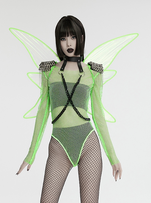 Personalized Green Fantasy Color Simulation Elastic Rubber Band With Hanging Neck Chain Punk Style Fluorescent Butterfly Wings Harness