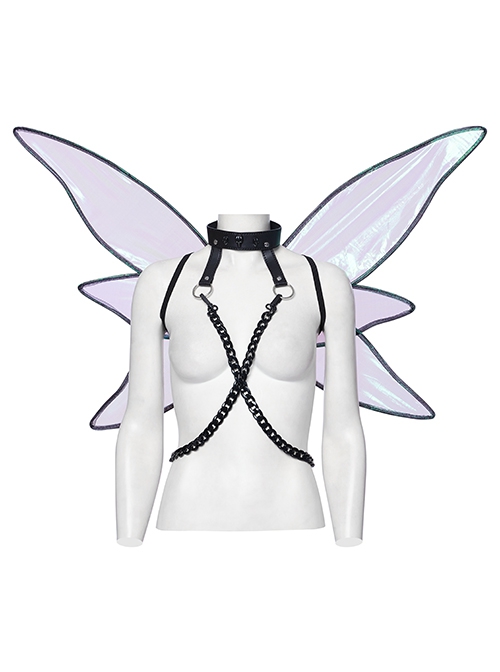 Personalized Black Fantasy Color Simulation Elastic Rubber Band With Hanging Neck Chain Punk Style Fluorescent Butterfly Wings Harness