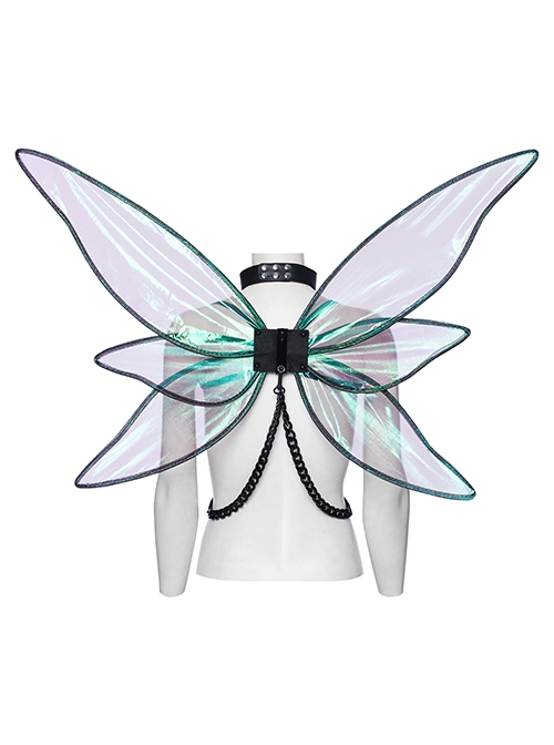 Personalized Black Fantasy Color Simulation Elastic Rubber Band With Hanging Neck Chain Punk Style Fluorescent Butterfly Wings Harness