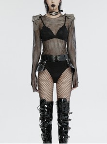 Black Sexy Diamond Perspective Mesh Shoulders With Rhinestone Spike Rivets Decorated Punk Style Bodysuit