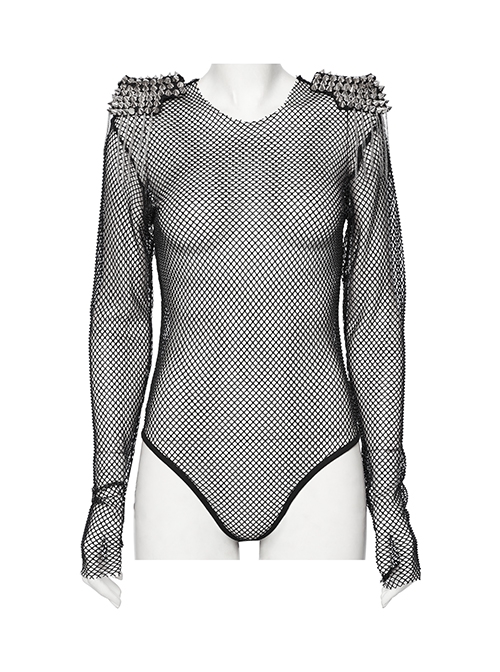 Black Sexy Diamond Perspective Mesh Shoulders With Rhinestone Spike Rivets Decorated Punk Style Bodysuit