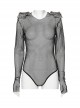 Black Sexy Diamond Perspective Mesh Shoulders With Rhinestone Spike Rivets Decorated Punk Style Bodysuit