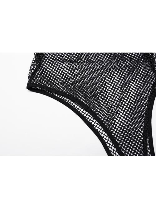 Black Sexy Diamond Perspective Mesh Shoulders With Rhinestone Spike Rivets Decorated Punk Style Bodysuit