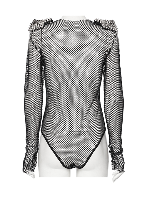Black Sexy Diamond Perspective Mesh Shoulders With Rhinestone Spike Rivets Decorated Punk Style Bodysuit
