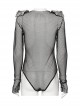 Black Sexy Diamond Perspective Mesh Shoulders With Rhinestone Spike Rivets Decorated Punk Style Bodysuit