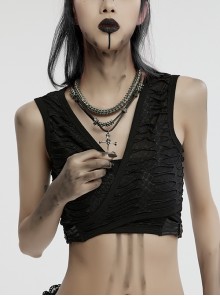 Vintage Tin Alloy Old Feel Spine Beads With Skull Cross Pendant Punk Style Two Piece Necklace