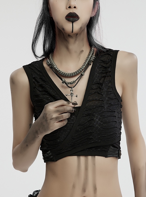 Vintage Tin Alloy Old Feel Spine Beads With Skull Cross Pendant Punk Style Two Piece Necklace