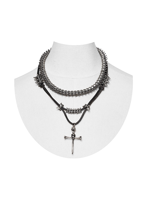 Vintage Tin Alloy Old Feel Spine Beads With Skull Cross Pendant Punk Style Two Piece Necklace