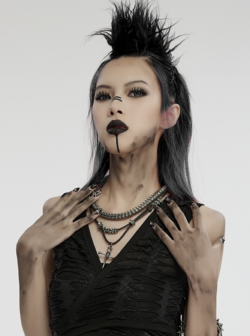 Vintage Tin Alloy Old Feel Spine Beads With Skull Cross Pendant Punk Style Two Piece Necklace
