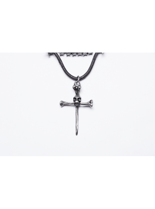 Vintage Tin Alloy Old Feel Spine Beads With Skull Cross Pendant Punk Style Two Piece Necklace
