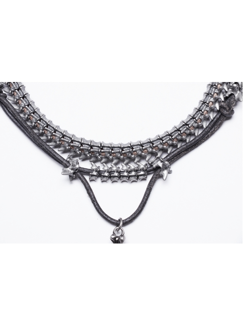 Vintage Tin Alloy Old Feel Spine Beads With Skull Cross Pendant Punk Style Two Piece Necklace