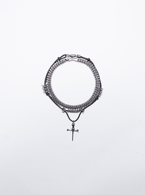 Vintage Tin Alloy Old Feel Spine Beads With Skull Cross Pendant Punk Style Two Piece Necklace
