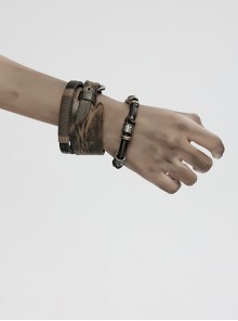 Black And Brown Vintage Cowhide Metal With Skull Beads Embellished Punk Style Decadent Three Piece Bracelet
