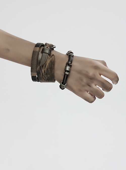 Black And Brown Vintage Cowhide Metal With Skull Beads Embellished Punk Style Decadent Three Piece Bracelet