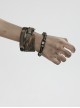 Black And Brown Vintage Cowhide Metal With Skull Beads Embellished Punk Style Decadent Three Piece Bracelet