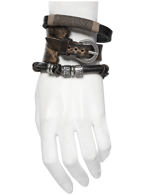 Black And Brown Vintage Cowhide Metal With Skull Beads Embellished Punk Style Decadent Three Piece Bracelet