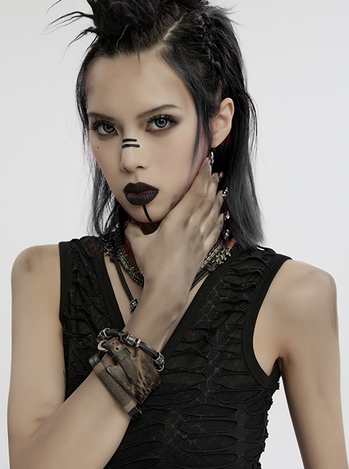 Black And Brown Vintage Cowhide Metal With Skull Beads Embellished Punk Style Decadent Three Piece Bracelet