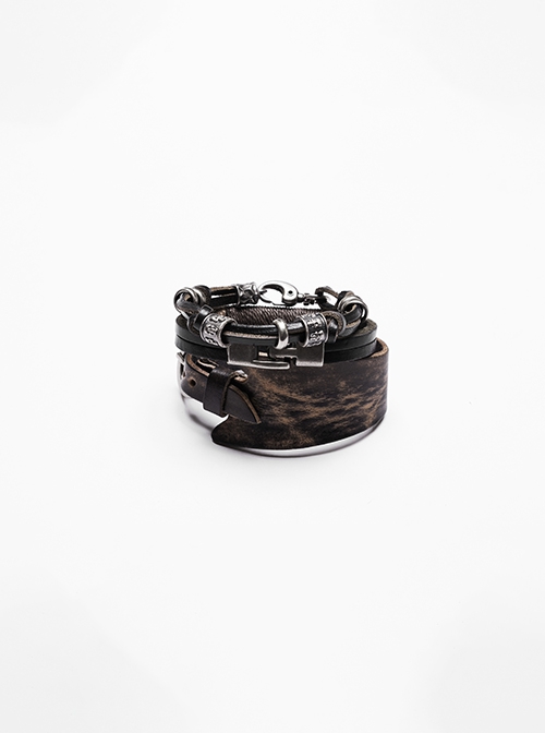 Black And Brown Vintage Cowhide Metal With Skull Beads Embellished Punk Style Decadent Three Piece Bracelet