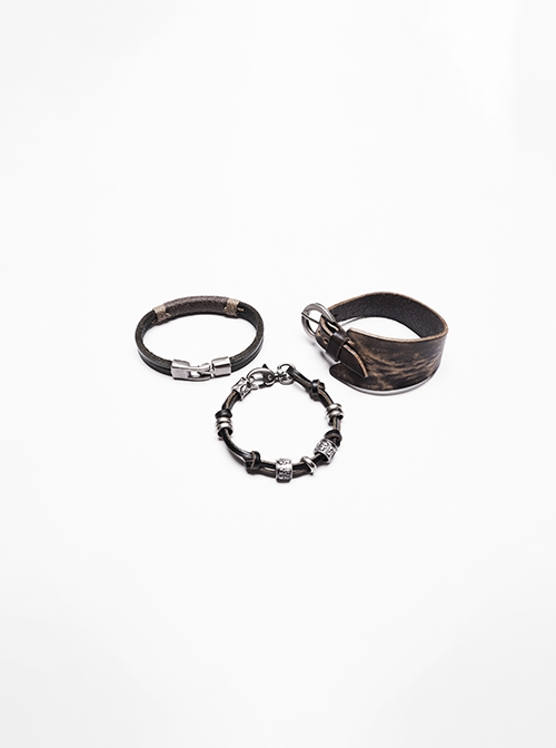 Black And Brown Vintage Cowhide Metal With Skull Beads Embellished Punk Style Decadent Three Piece Bracelet