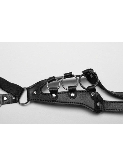 Sexy Hollow Halter Neck Black And Silver Imitation Leather Splicing Metal Ring Punk Style Harness