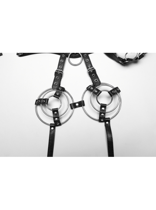 Sexy Hollow Halter Neck Black And Silver Imitation Leather Splicing Metal Ring Punk Style Harness