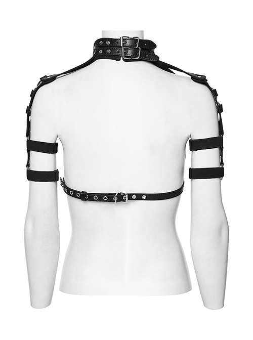 Sexy Hollow Halter Neck Black And Silver Imitation Leather Splicing Metal Ring Punk Style Harness