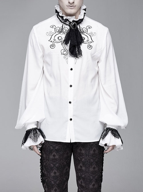 High Collar Chest Symmetrical Embroidered Necktie Long-Sleeve White Gothic Shirt