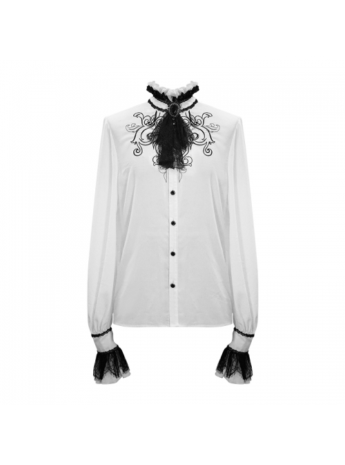 High Collar Chest Symmetrical Embroidered Necktie Long-Sleeve White Gothic Shirt