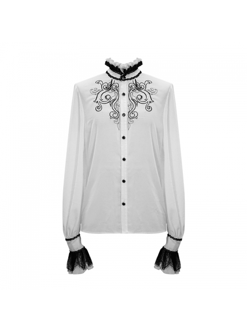 High Collar Chest Symmetrical Embroidered Necktie Long-Sleeve White Gothic Shirt