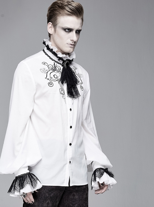 High Collar Chest Symmetrical Embroidered Necktie Long-Sleeve White Gothic Shirt