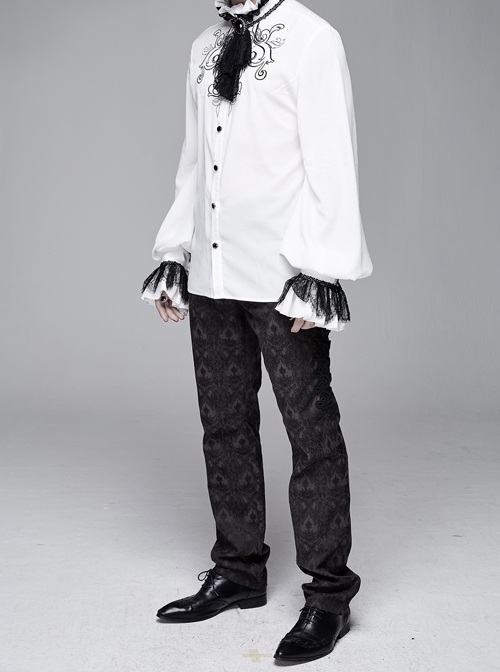 High Collar Chest Symmetrical Embroidered Necktie Long-Sleeve White Gothic Shirt