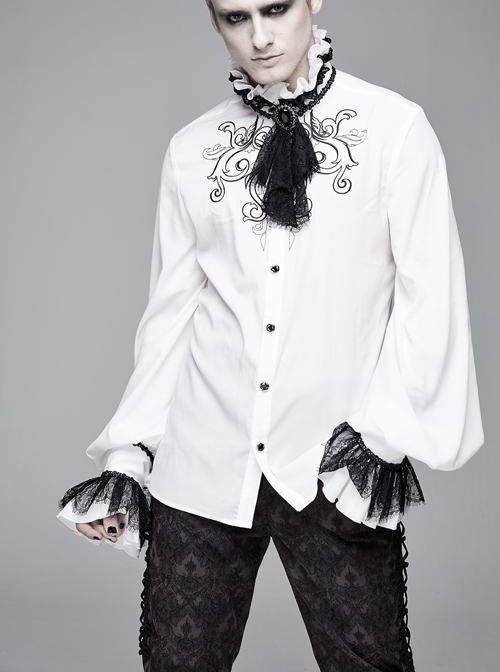 High Collar Chest Symmetrical Embroidered Necktie Long-Sleeve White Gothic Shirt