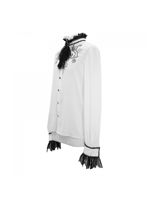 High Collar Chest Symmetrical Embroidered Necktie Long-Sleeve White Gothic Shirt