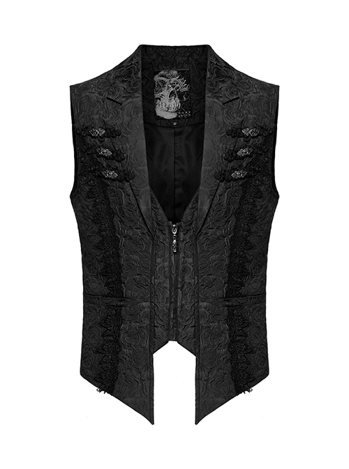 Gorgeous Black Rose Pattern Woven Side Exquisite Buckle Decoration Gothic Style Men's Lapel Vest