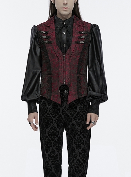 Gorgeous Red Rose Pattern Woven Side Exquisite Buckle Decoration Gothic Style Men's Lapel Vest