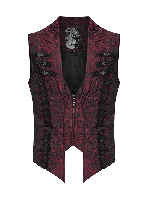 Gorgeous Red Rose Pattern Woven Side Exquisite Buckle Decoration Gothic Style Men's Lapel Vest