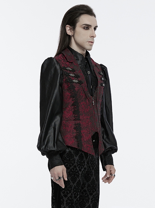 Gorgeous Red Rose Pattern Woven Side Exquisite Buckle Decoration Gothic Style Men's Lapel Vest